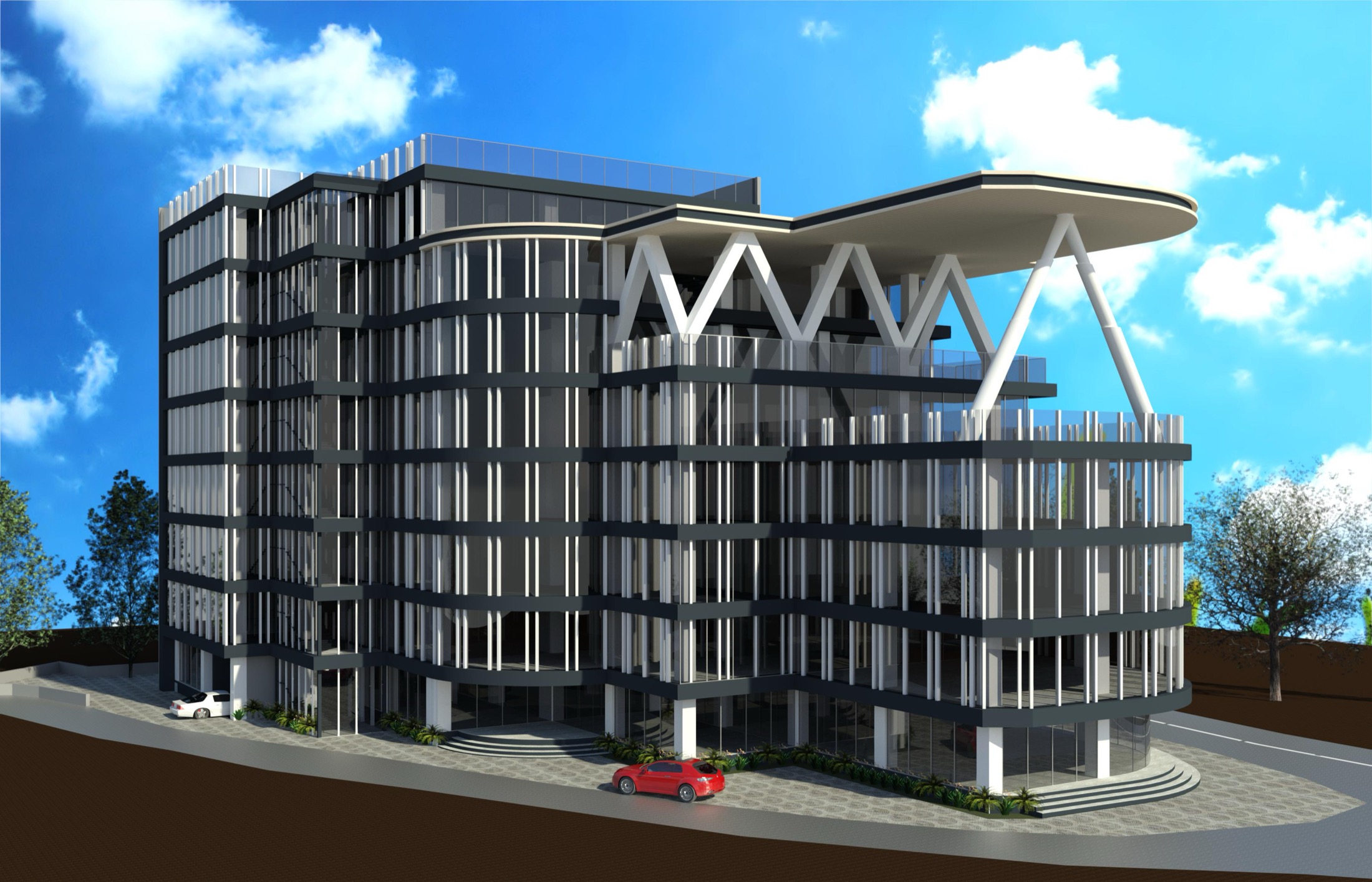 Red Pagoda commercial development — architecture, structure, and landscaped arrival